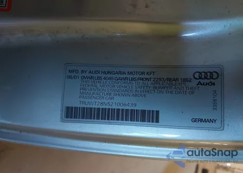 2002 Audi Tt 1.8L/Alms Commemorative Edition из США, поврежденный, VIN TRUWT28N521006439